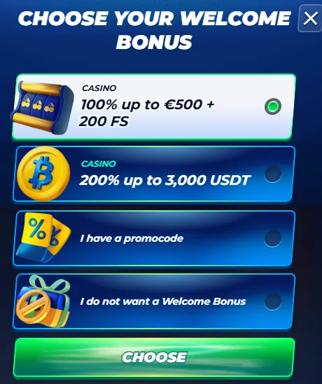 Original-Fenster Choose your Welcome Bonus bei der Bassbet Registrierung